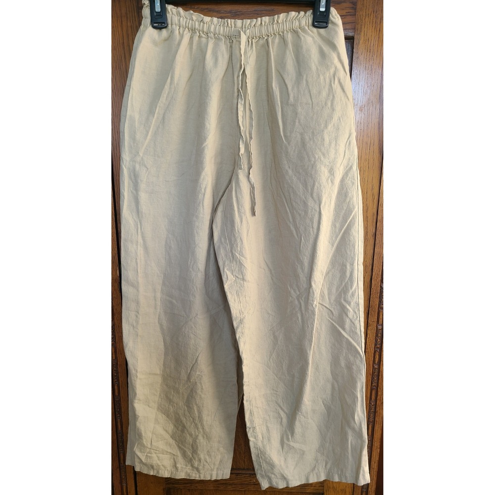 Gap Vintage 100% Linen Wide Leg Pants Beige Khaki Elastic Waist Small 122191-69